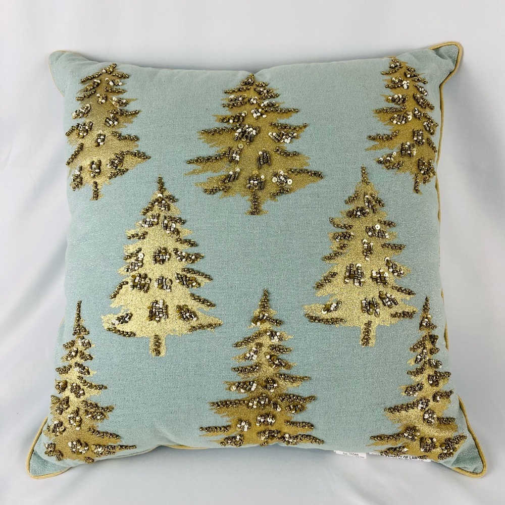 Liberty Beaded Christmas Holiday Tree Accent Throw Pillow Teal Gold Bronze